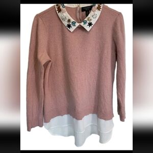 Soft Cashmere Pink Sweater Layered Shirt Look w/ Beaded Embroidered Collar Sz L